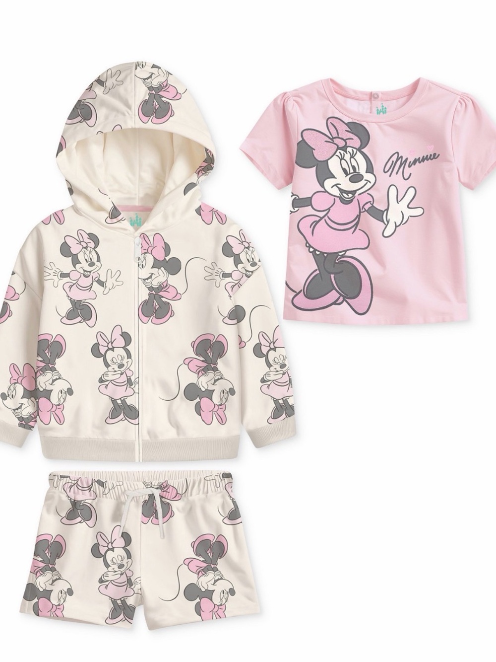 Minnie Mouse Pink & Cream 3-Piece Hoodie Tee Short Set